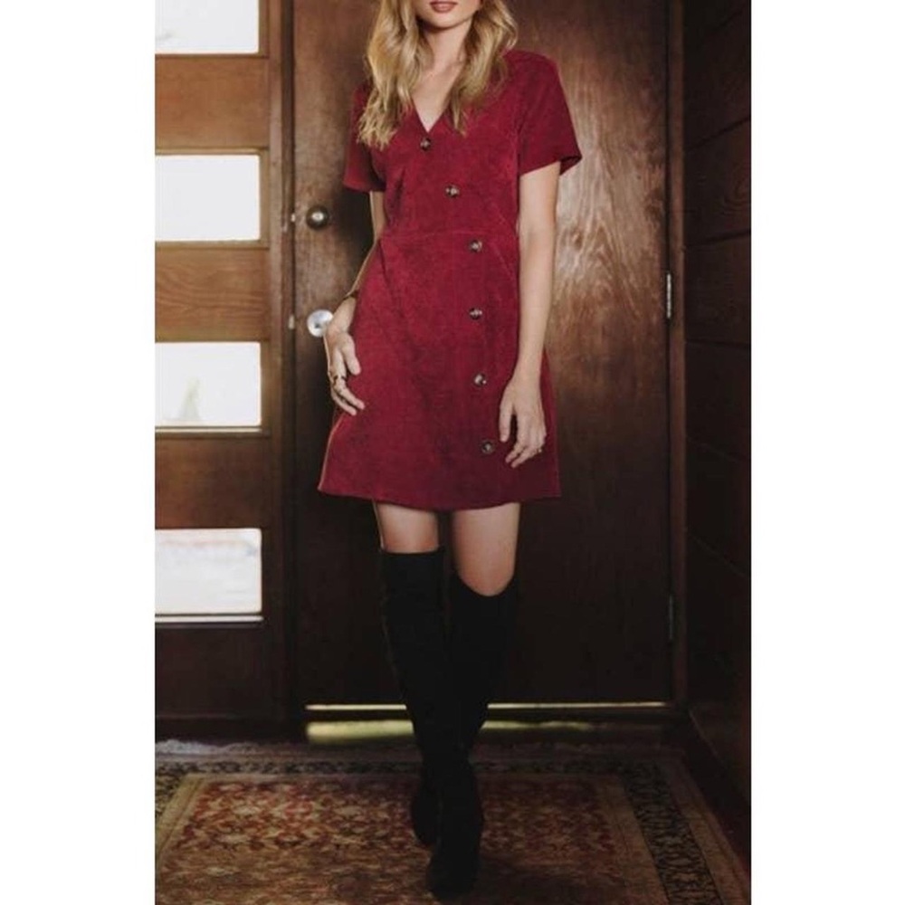 $79 Everly Wine Red Burgundy Corduroy V-neck Buttons Faux Wrap Mini Dress Size S